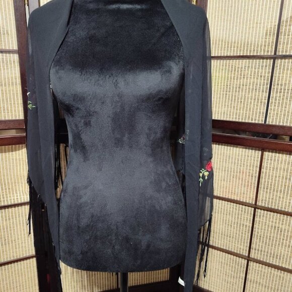 Vintage Women's Rose Embroidered Scarf / Shawl - Made in Italy - Black Sheer - Picture 7 of 11